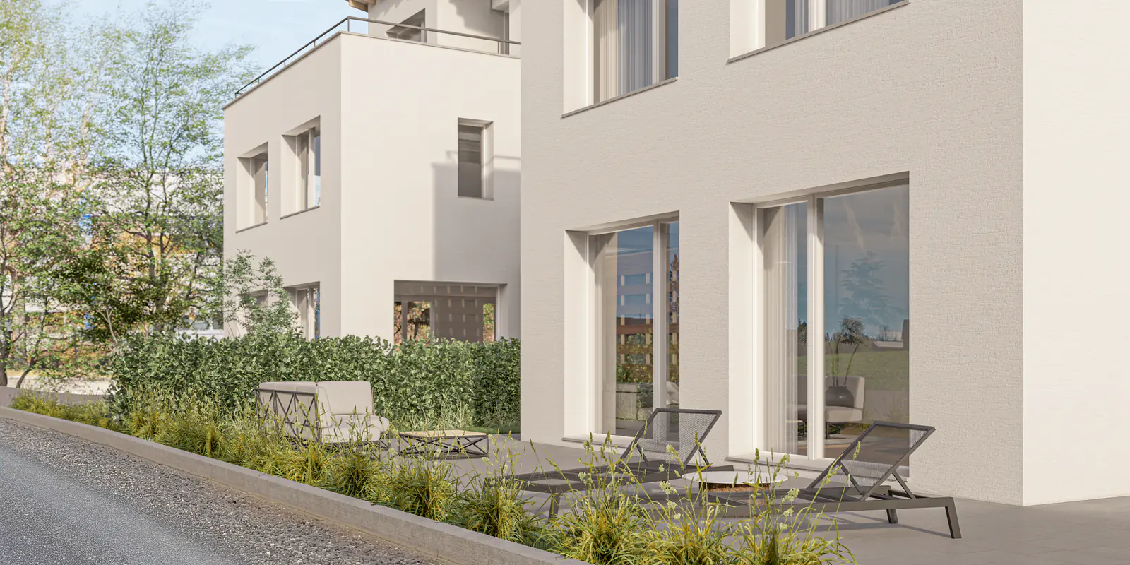 Visualisierung: Gartenseite mit Sitzplatz, Liegestühlen und bepflanzten Rabatten – Neudorf LU
