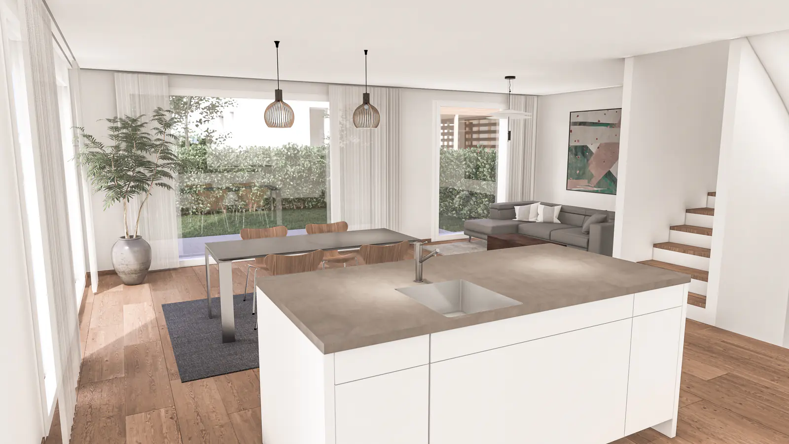 Visualisierung Haus 2: Kücheninsel mit Blick auf Essbereich und Garten – Neudorf LU