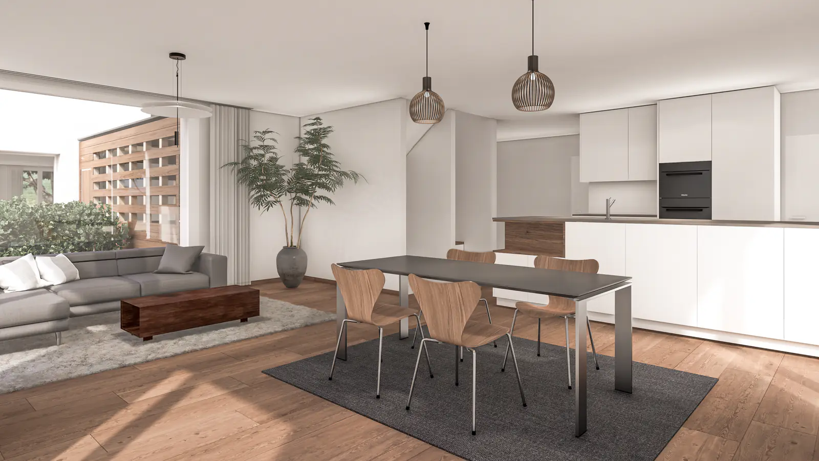 Visualisierung Haus 3: Essbereich vor der Küchenzeile mit Blick zum Sitzplatz – Neudorf LU