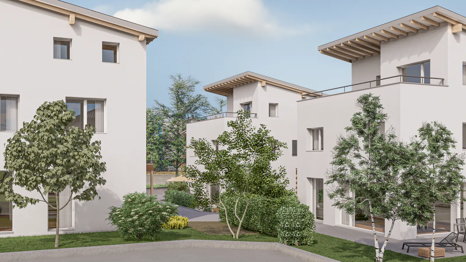 Visualisierung: vier Einfamilienhäuser mit Holzvordächern, Birken und Gärten – Neubauprojekt in Neudorf LU, ARTIAS Group