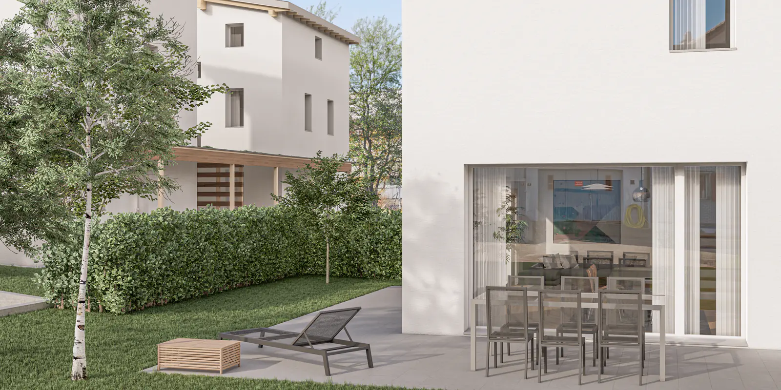 Visualisierung: Gartensitzplatz mit Essbereich hinter grosser Fensterfront – Neudorf LU